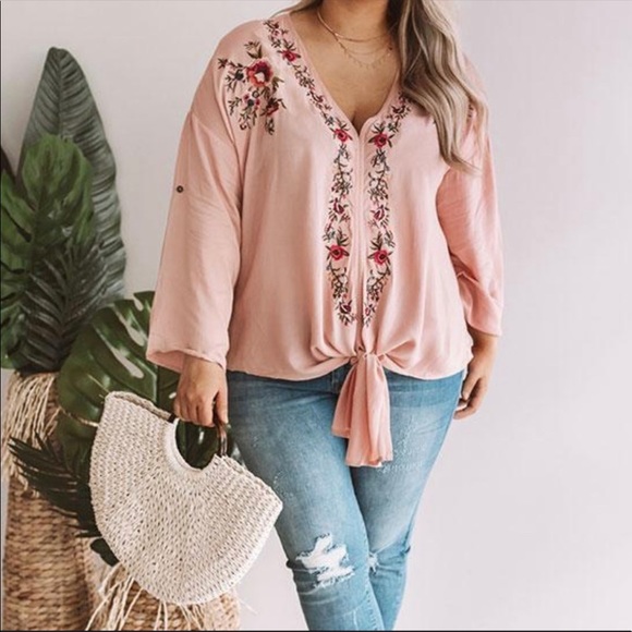 entro Tops - Peach Embroidered Tie Front Blouse